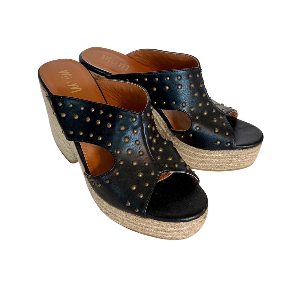 MiiM Black Studded Espadrille Platform Wedge Sandals Mules Womens 8.5 Boho